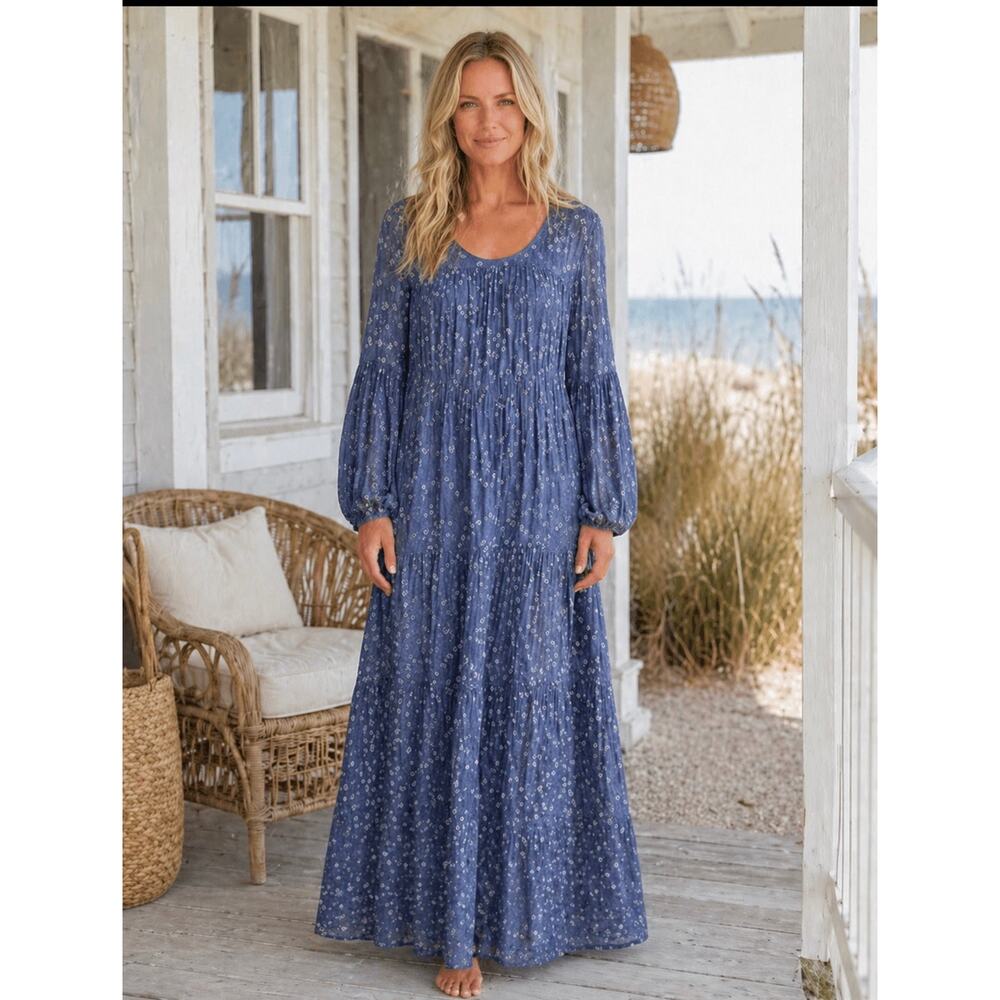 V.De.Vinster Silk Blend Long Sleeve Floral Tiered Maxi Dress Blue Size Medium